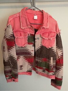 Coral Frayed Jean Jacket with Southwestern Knit Panels